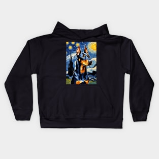 Doberman Pinscher Dog Breed Painting in a Van Gogh Starry Night Art Style Kids Hoodie